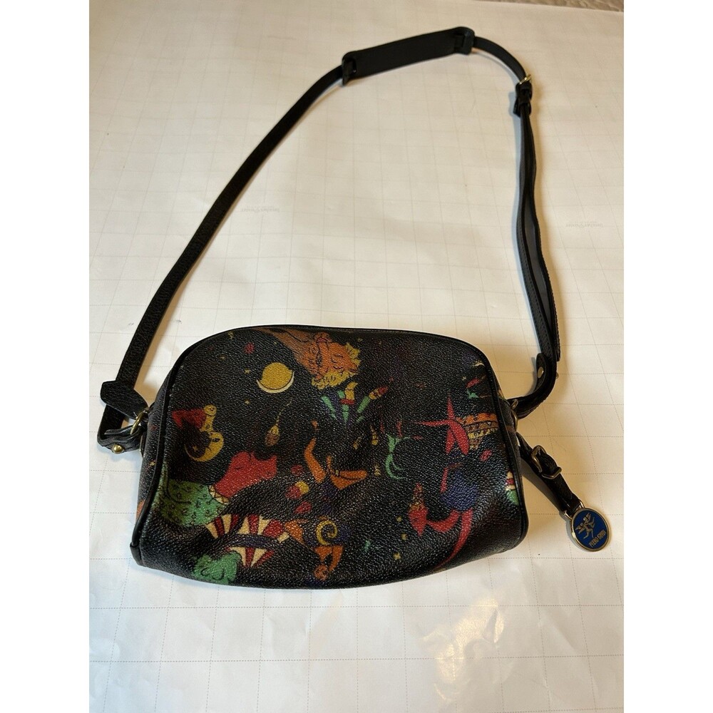 Piero Guidi Magic Circus Black Coated Canvas Leather Trimmed Crossbody Handbag